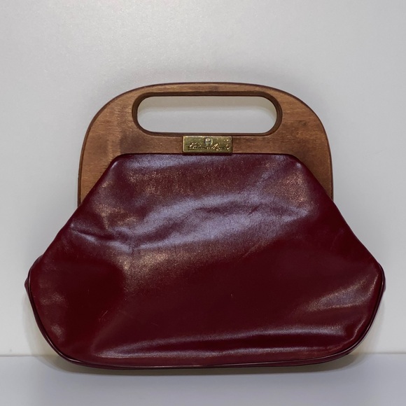 Vintage Etienne Aigner Leather Clutch Handbag with Wooden Handle - Picture 4 of 17